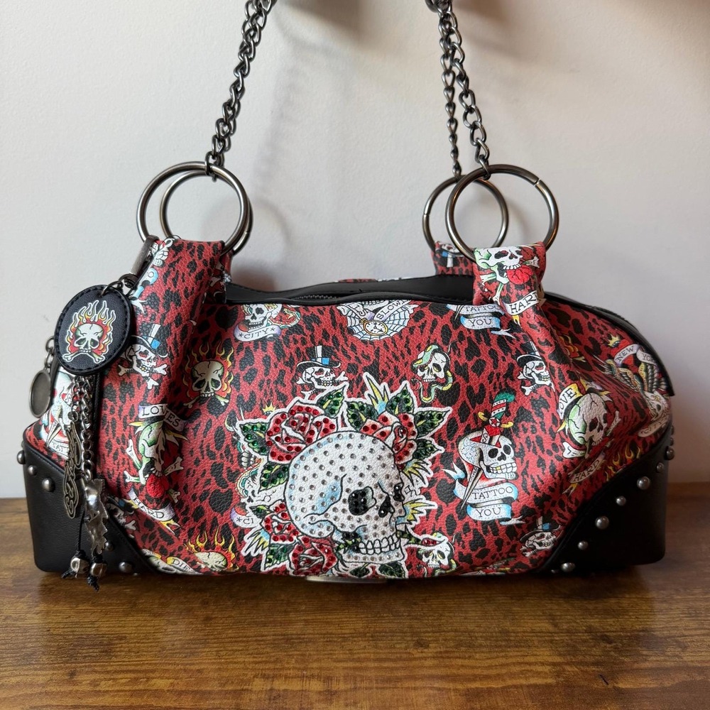 New Ed Hardy Black Red Shoulder Satchel Handbag Skull Leopard Y2K Gothic Charms